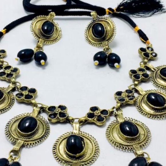 Afghani Stone Jewelry Set, Handmade Choker Necklace With Earrings, Tribal Jewelr - Picture 6 of 8